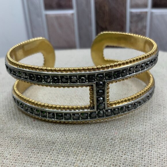Lucky Brand Black Crystal Pave Gold Tone Cuff Bracelet - Picture 1 of 7